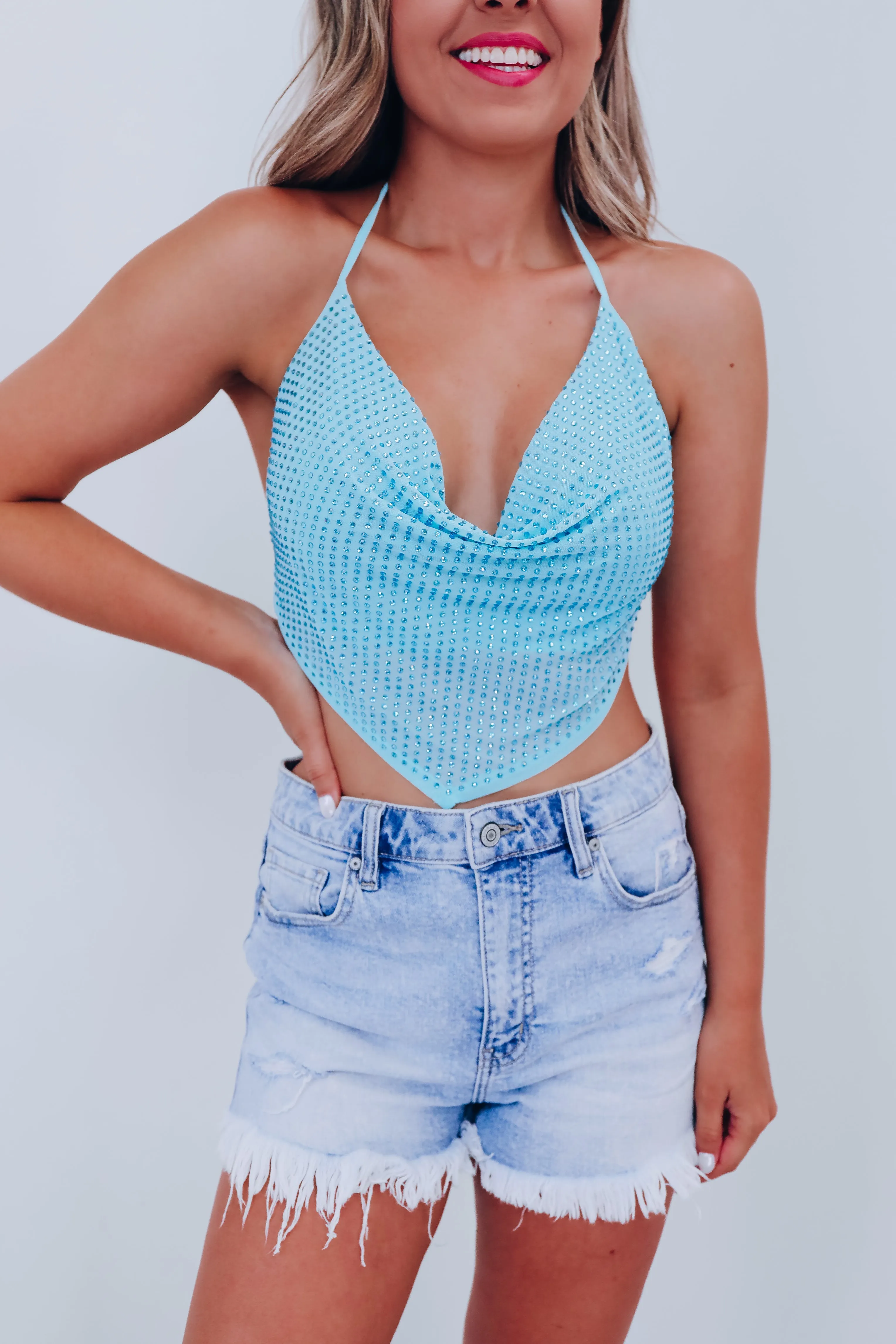 Reah Rhinestone Mesh Halter Top - Blue