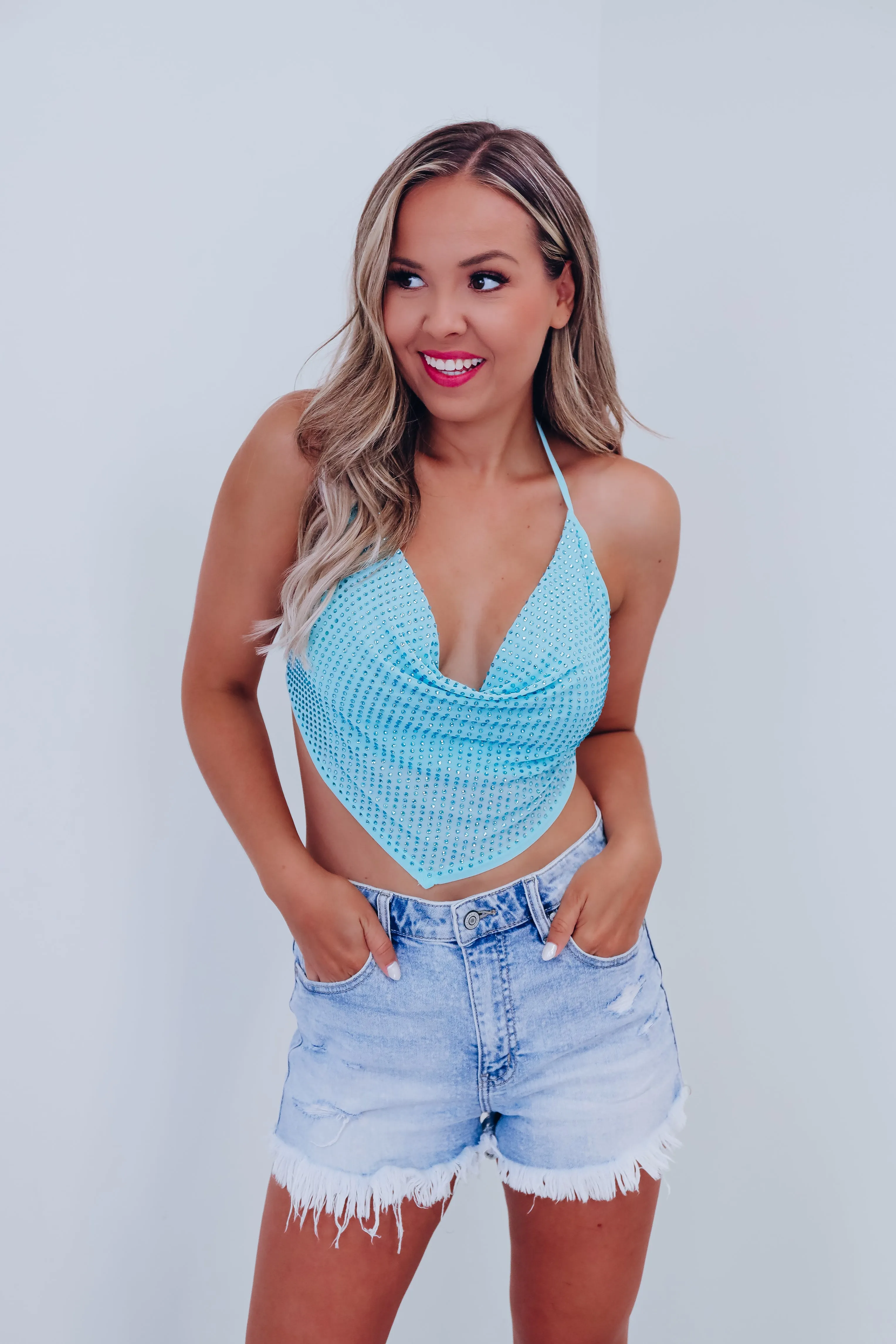 Reah Rhinestone Mesh Halter Top - Blue