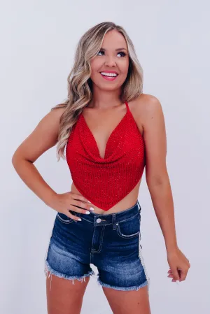 Reah Rhinestone Mesh Halter Top - Red