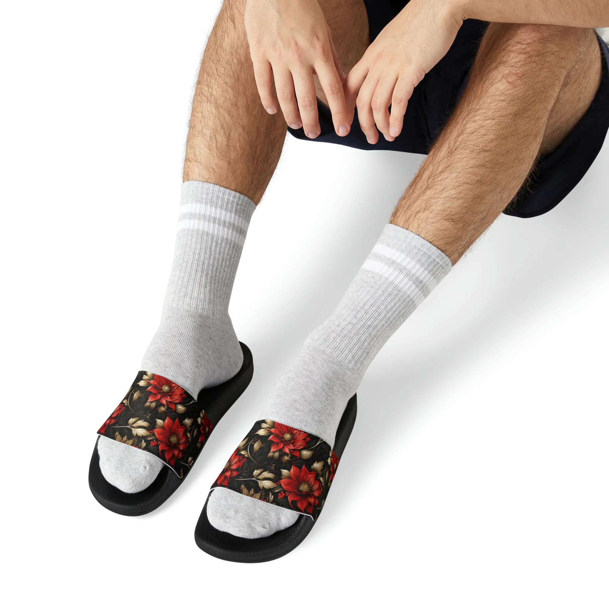 Red and Black Floral Men's PU Slide Sandals