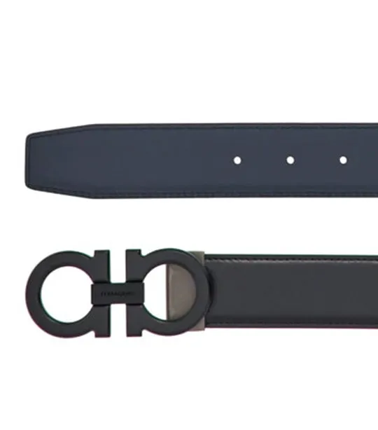 Reversible And Adjustable Gancini Belt Calfskin Black/Marine Blue