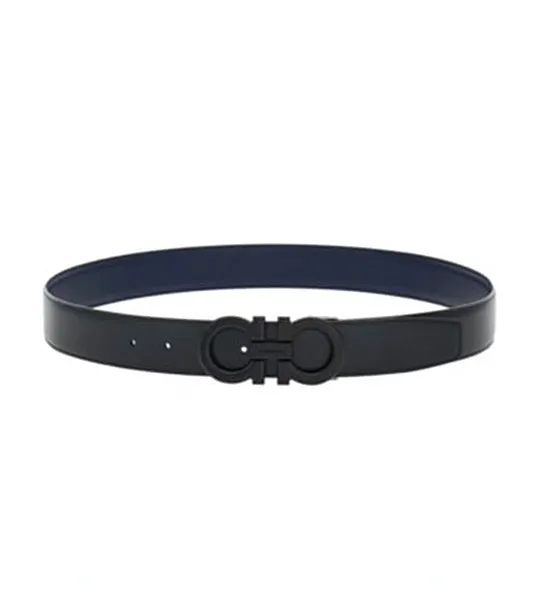 Reversible And Adjustable Gancini Belt Calfskin Black/Marine Blue