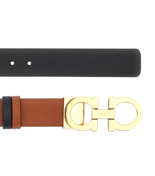 Reversible And Adjustable Gancini Belt Hammered Calfskin Cognac/Black