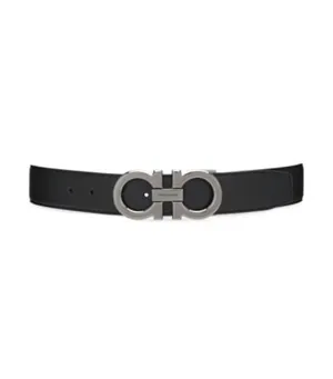 Reversible And Adjustable Gancini Belt Textured Calfskin Black/Dark Brown