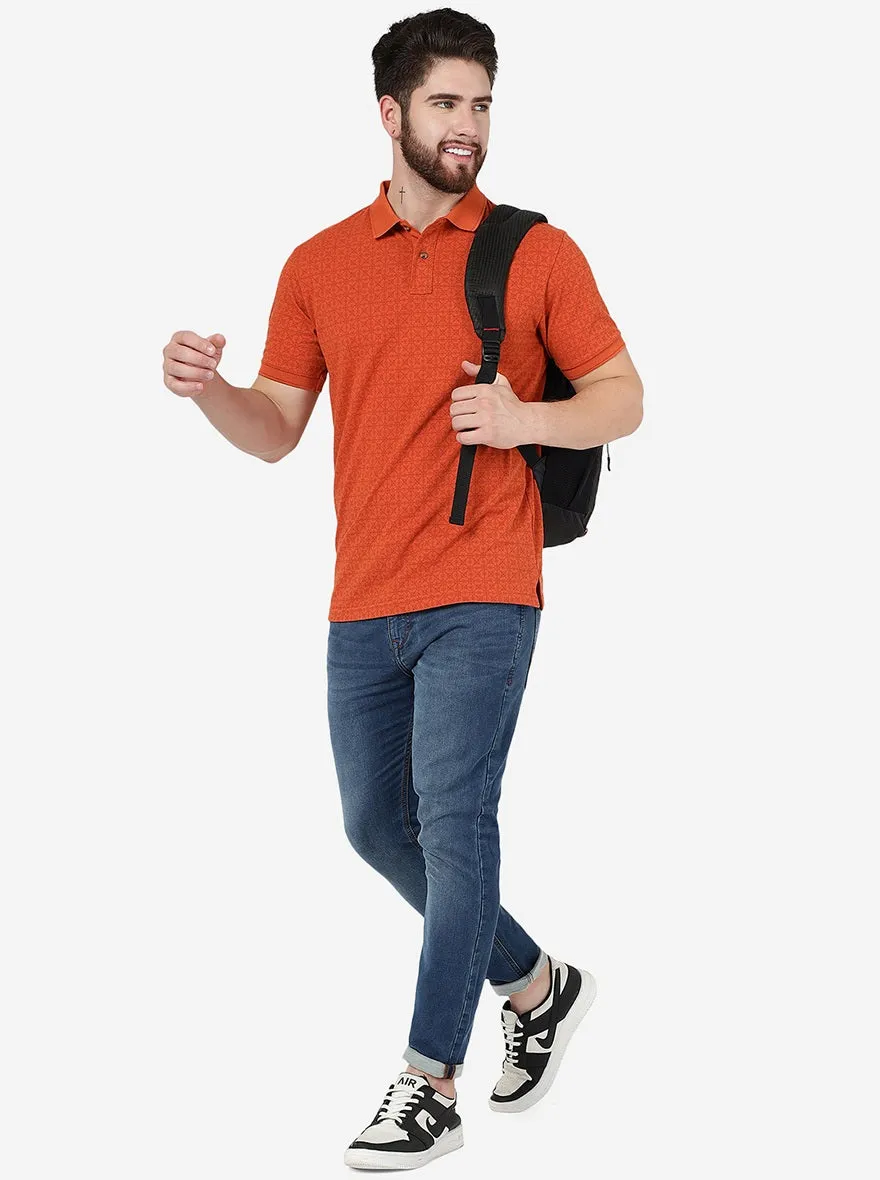 Saffron Orange Printed Slim Fit Polo T-Shirt | Greenfibre