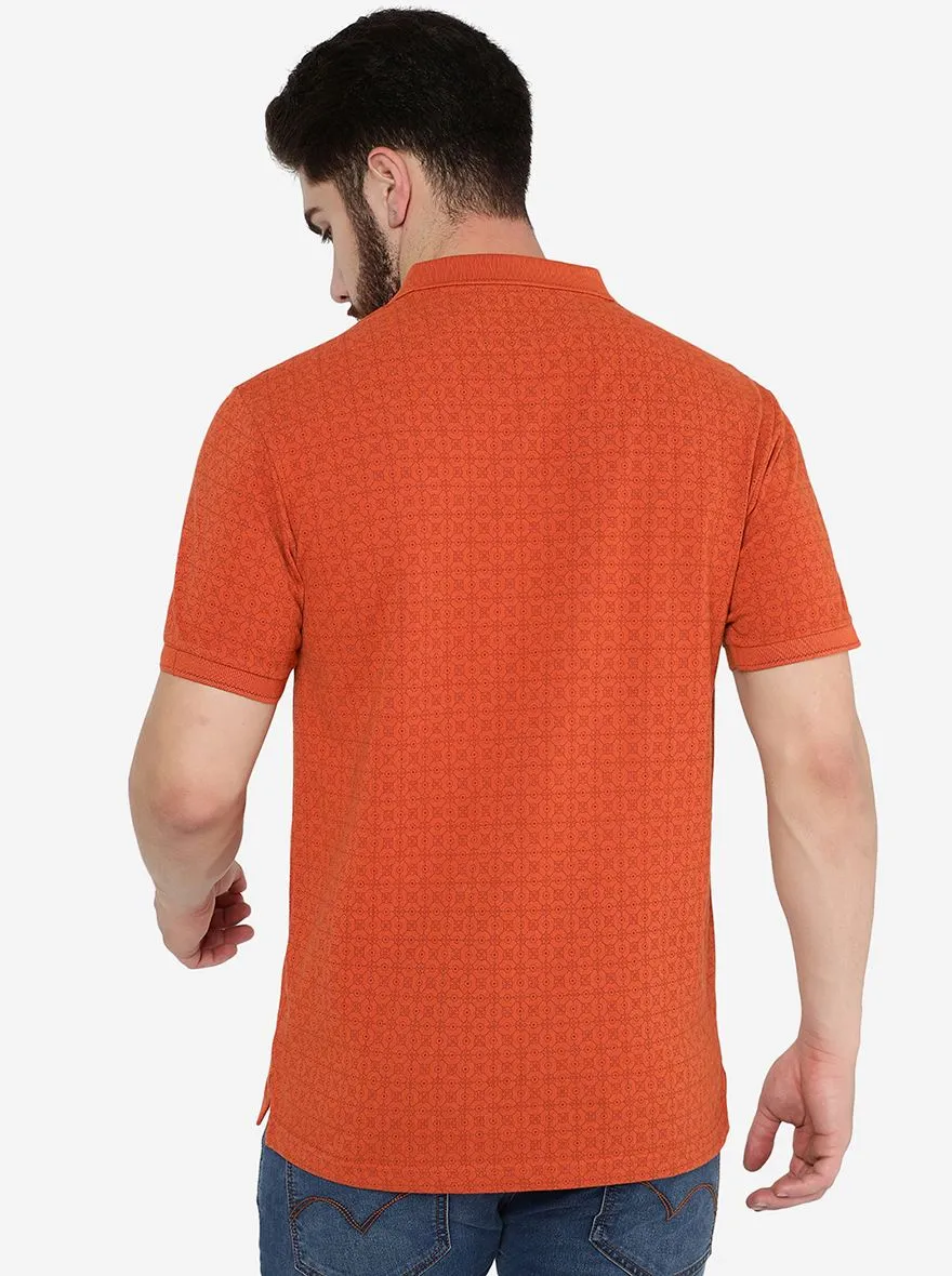 Saffron Orange Printed Slim Fit Polo T-Shirt | Greenfibre