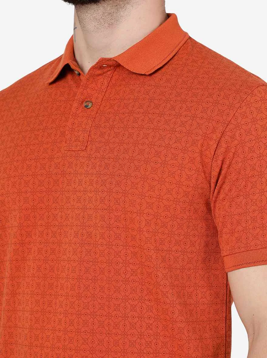 Saffron Orange Printed Slim Fit Polo T-Shirt | Greenfibre