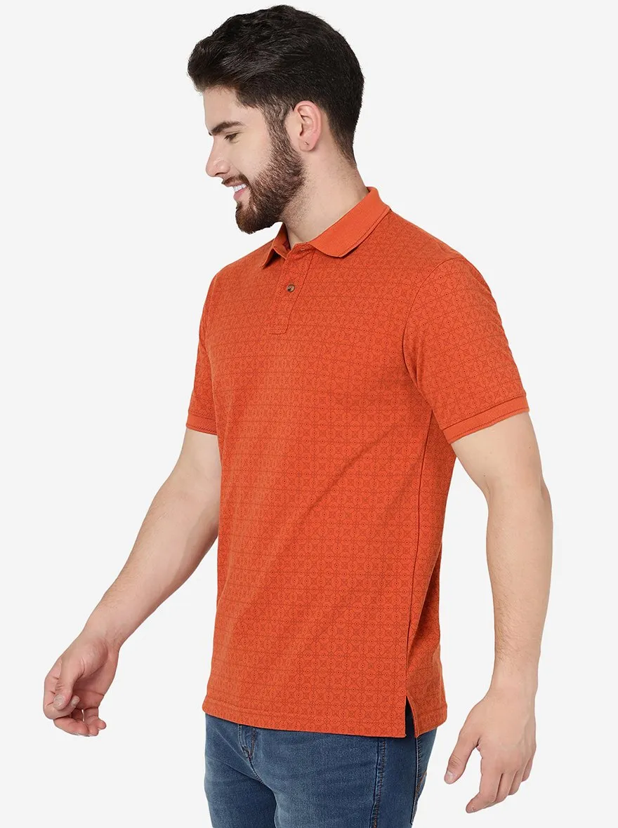 Saffron Orange Printed Slim Fit Polo T-Shirt | Greenfibre