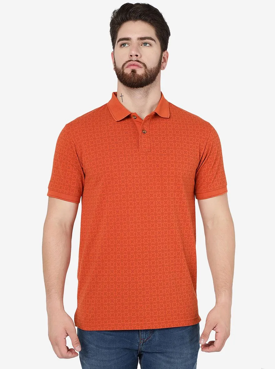 Saffron Orange Printed Slim Fit Polo T-Shirt | Greenfibre