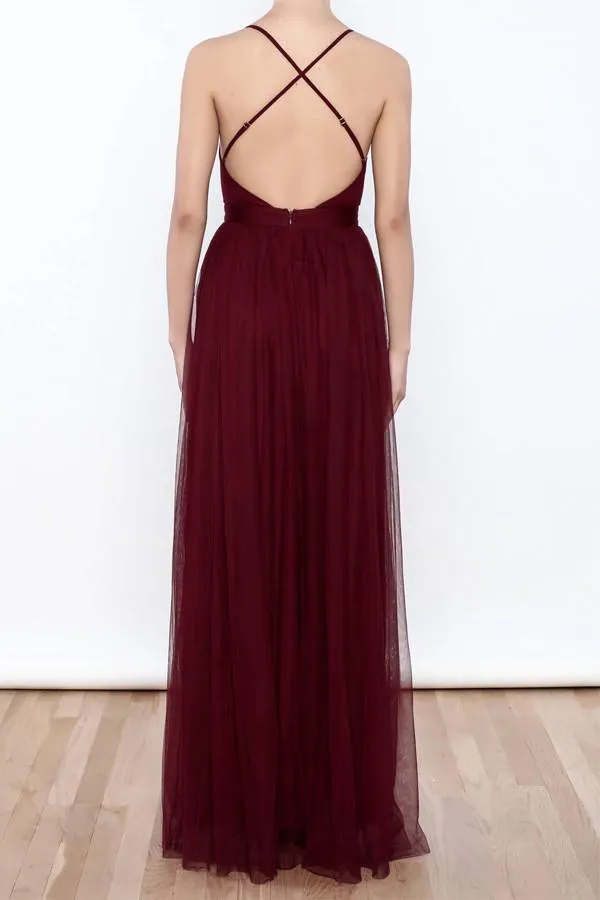 Sexy Deep V Neck Tulle High Slit Burgundy Prom Dresses Evening Dresses PG373