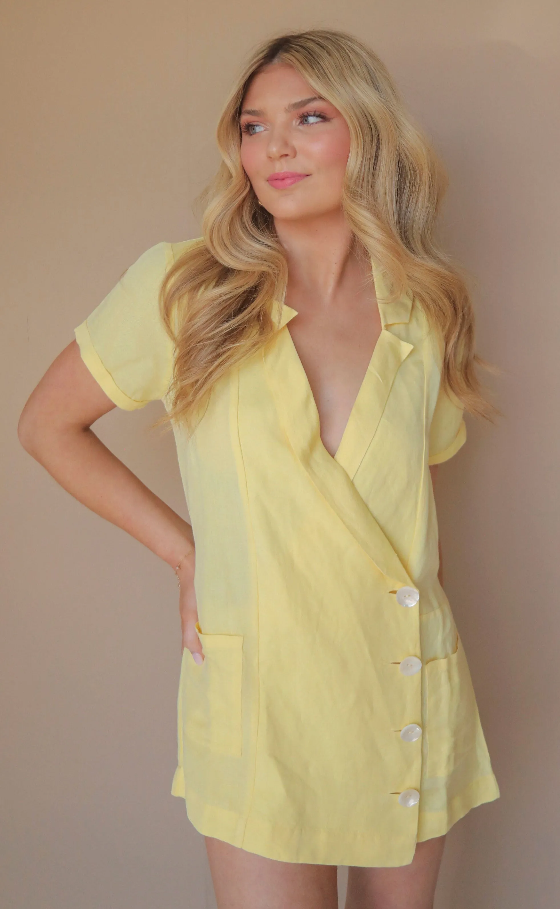 show me your mumu: bicoastal blazer romper - butter yellow linen