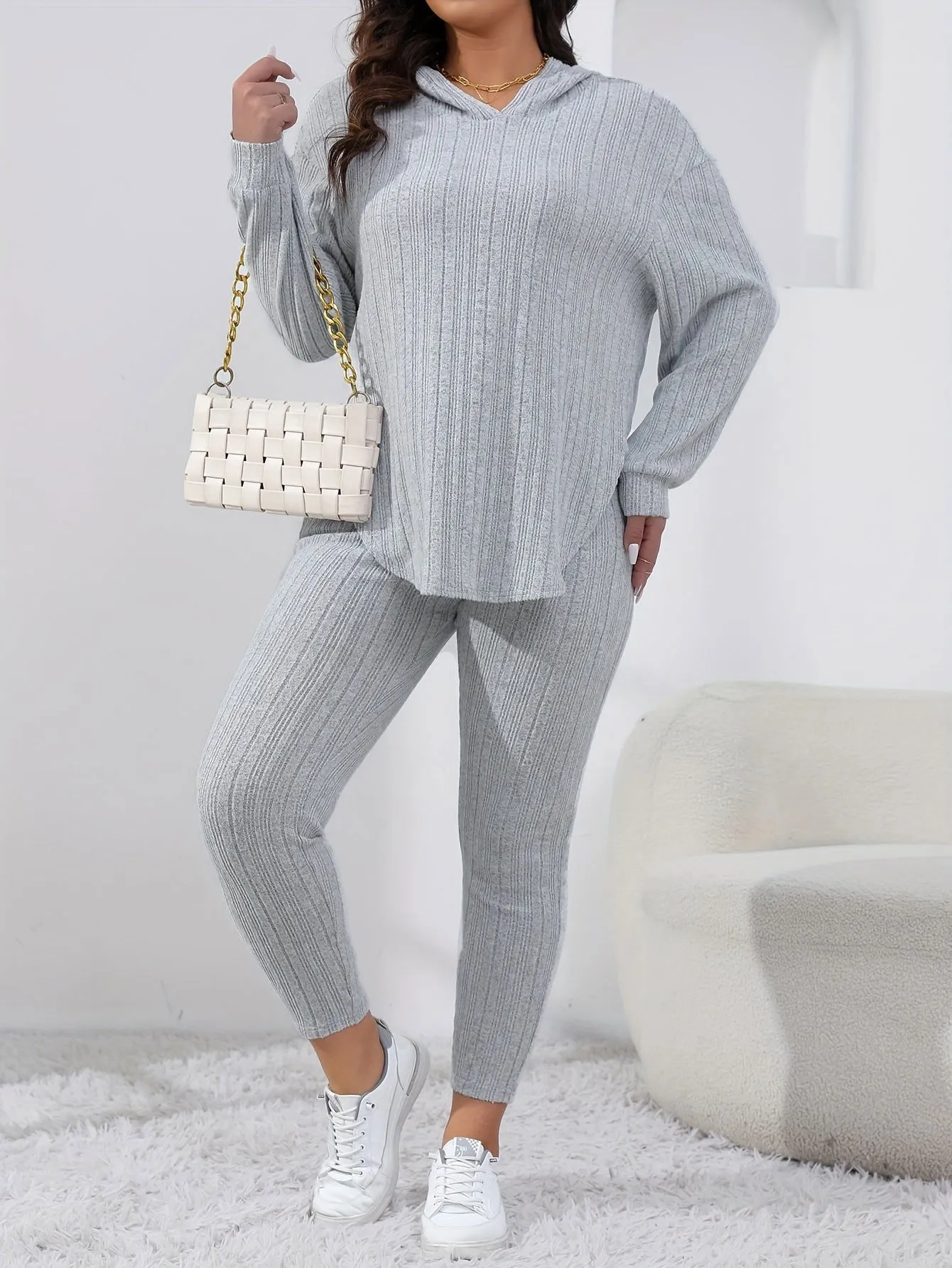 Sleek Soft Ribbed Knit Hoodie and Leggings