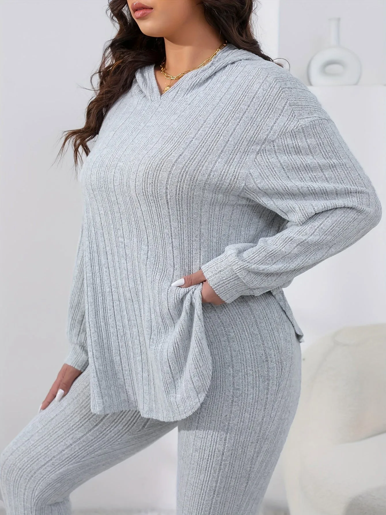 Sleek Soft Ribbed Knit Hoodie and Leggings