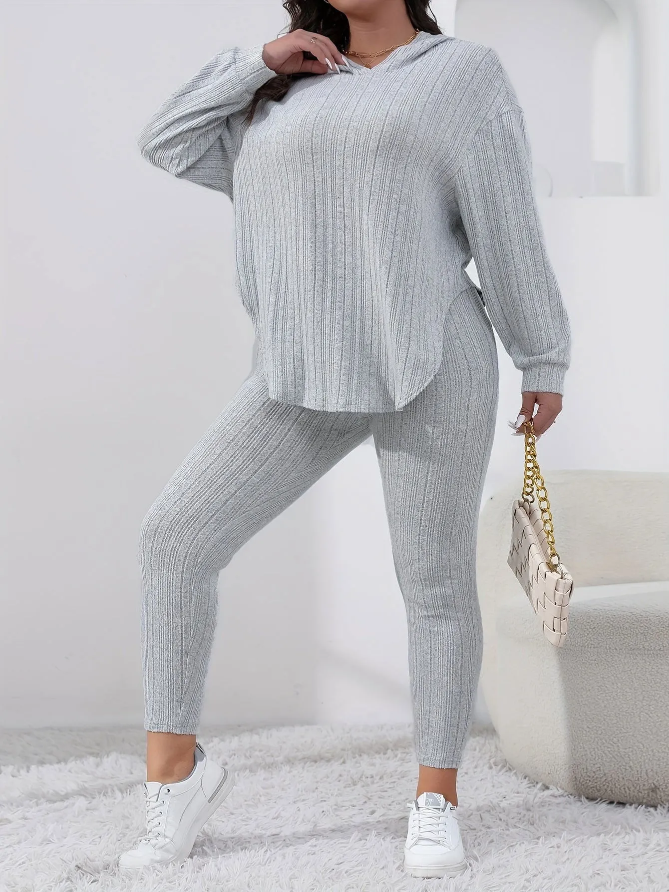 Sleek Soft Ribbed Knit Hoodie and Leggings