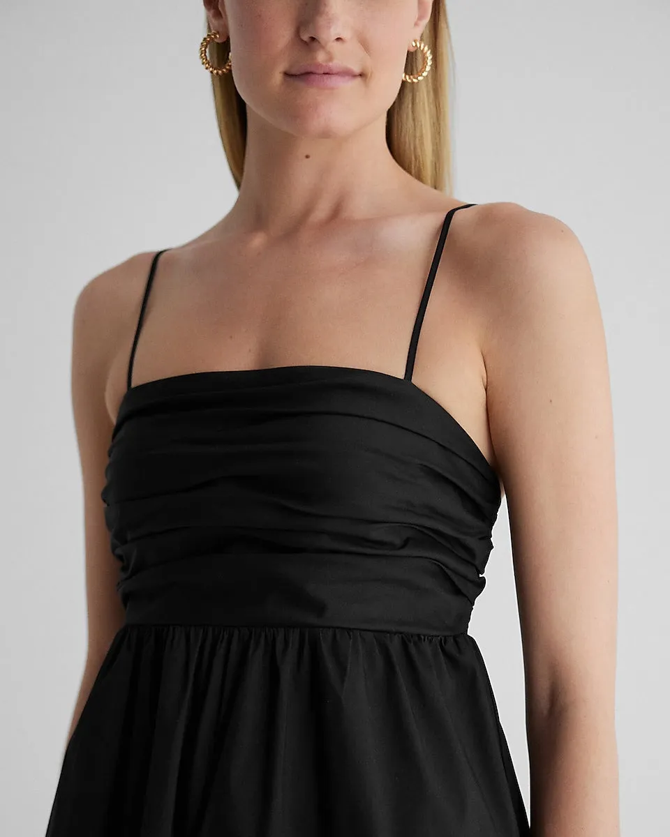 Square Neck Ruched Mini Babydoll Dress in Pitch Black