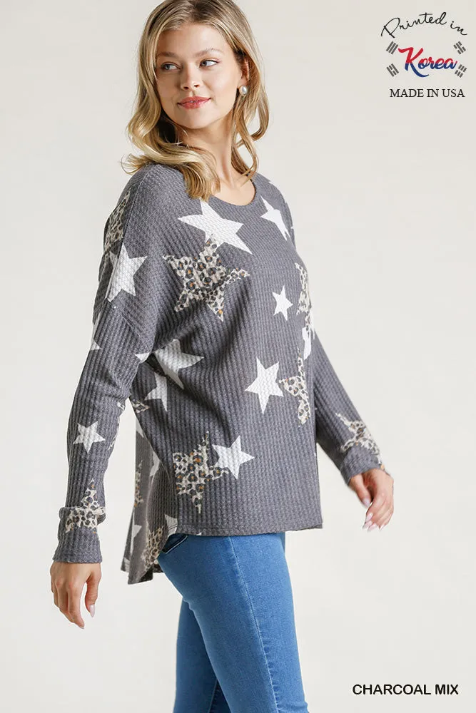 Star & Leopard Waffle Knit Top, Charcoal