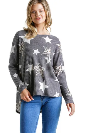 Star & Leopard Waffle Knit Top, Charcoal