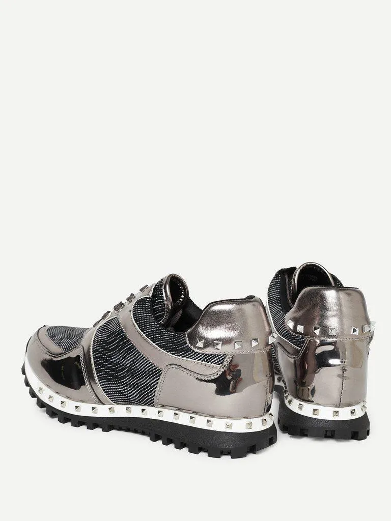 Studded Trim Metallic Panel Sneakers