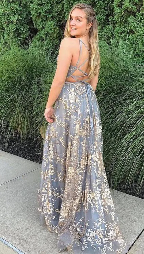 Stylish Tulle Grey Lace A-line V-neck Long Prom Dresses, Evening Gowns,ball dresses