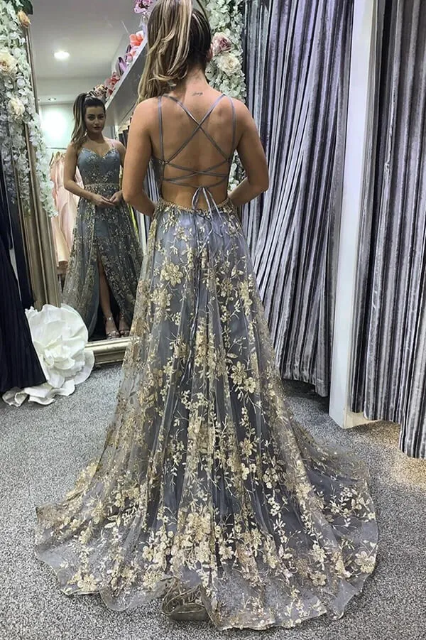 Stylish Tulle Grey Lace A-line V-neck Long Prom Dresses, Evening Gowns,ball dresses