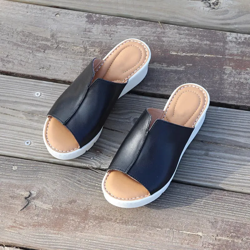 Summer Wedge Sandals Handmade X Strap Leather Slippers in Black/Brown/ Grey