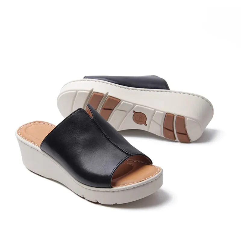 Summer Wedge Sandals Handmade X Strap Leather Slippers in Black/Brown/ Grey