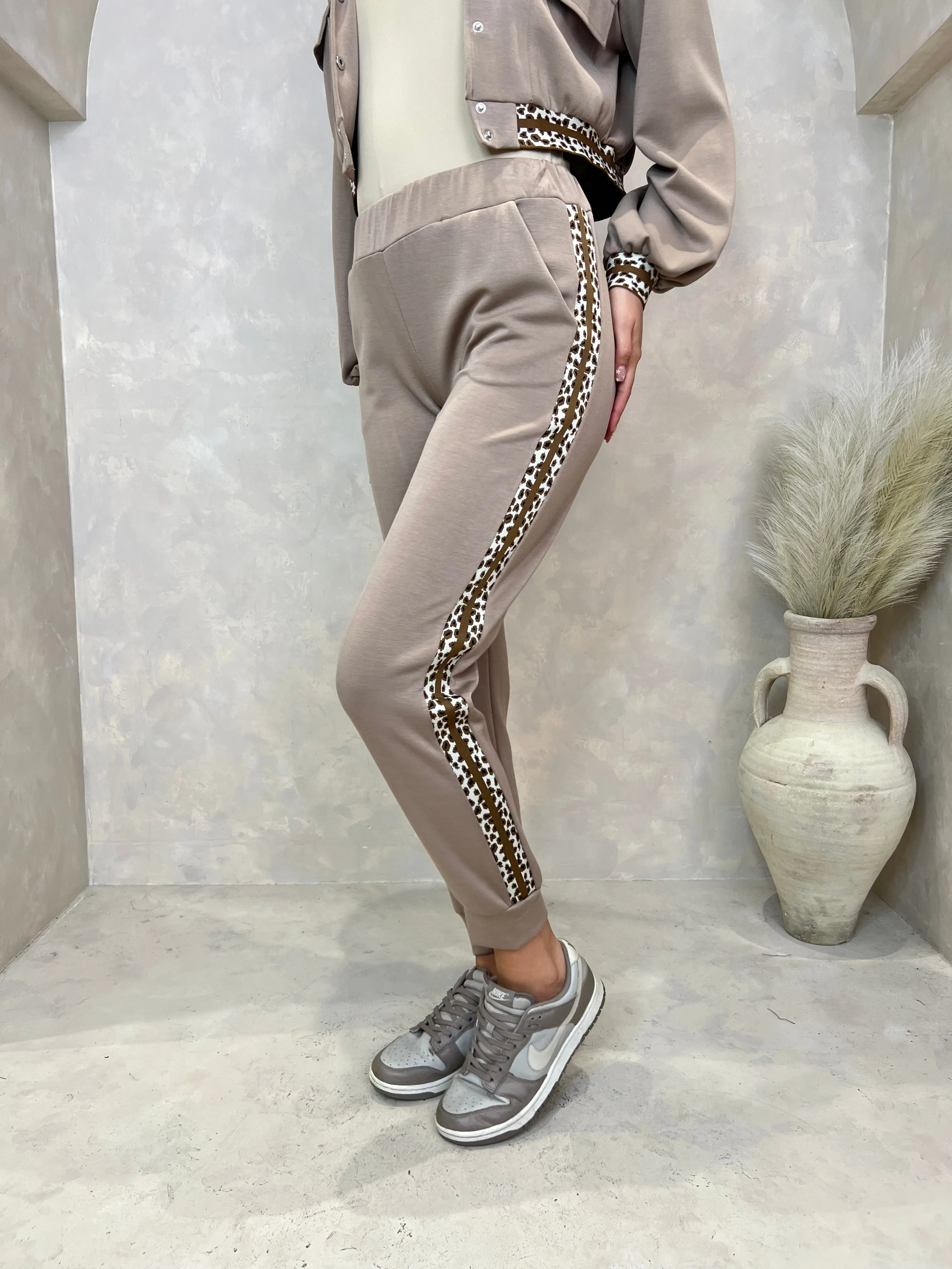 Taupe Leopard Print Trim Jogging Bottoms