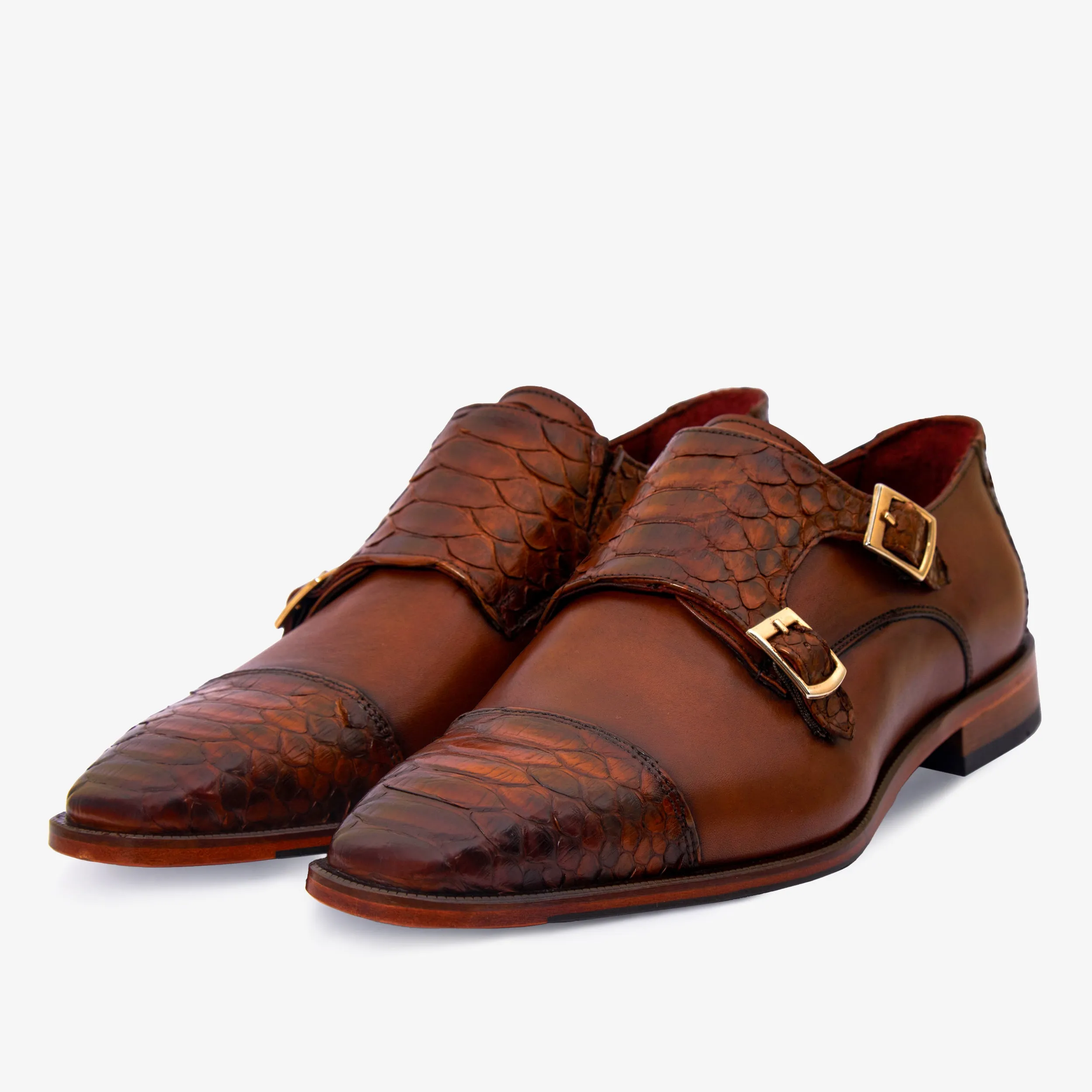 The Bishkek Tan Leather Cap Toe Double Monk Strap Men  Shoe