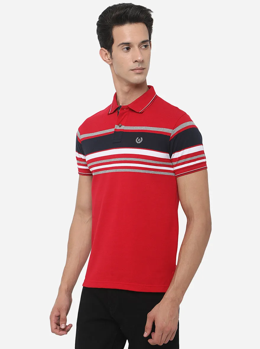 Tomato Red Striped Slim Fit Polo T-Shirt | Greenfibre