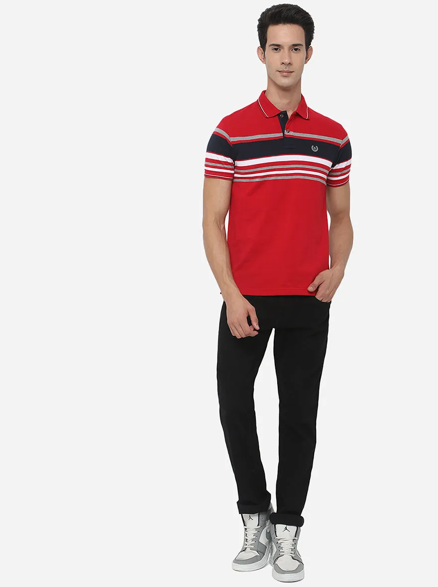 Tomato Red Striped Slim Fit Polo T-Shirt | Greenfibre