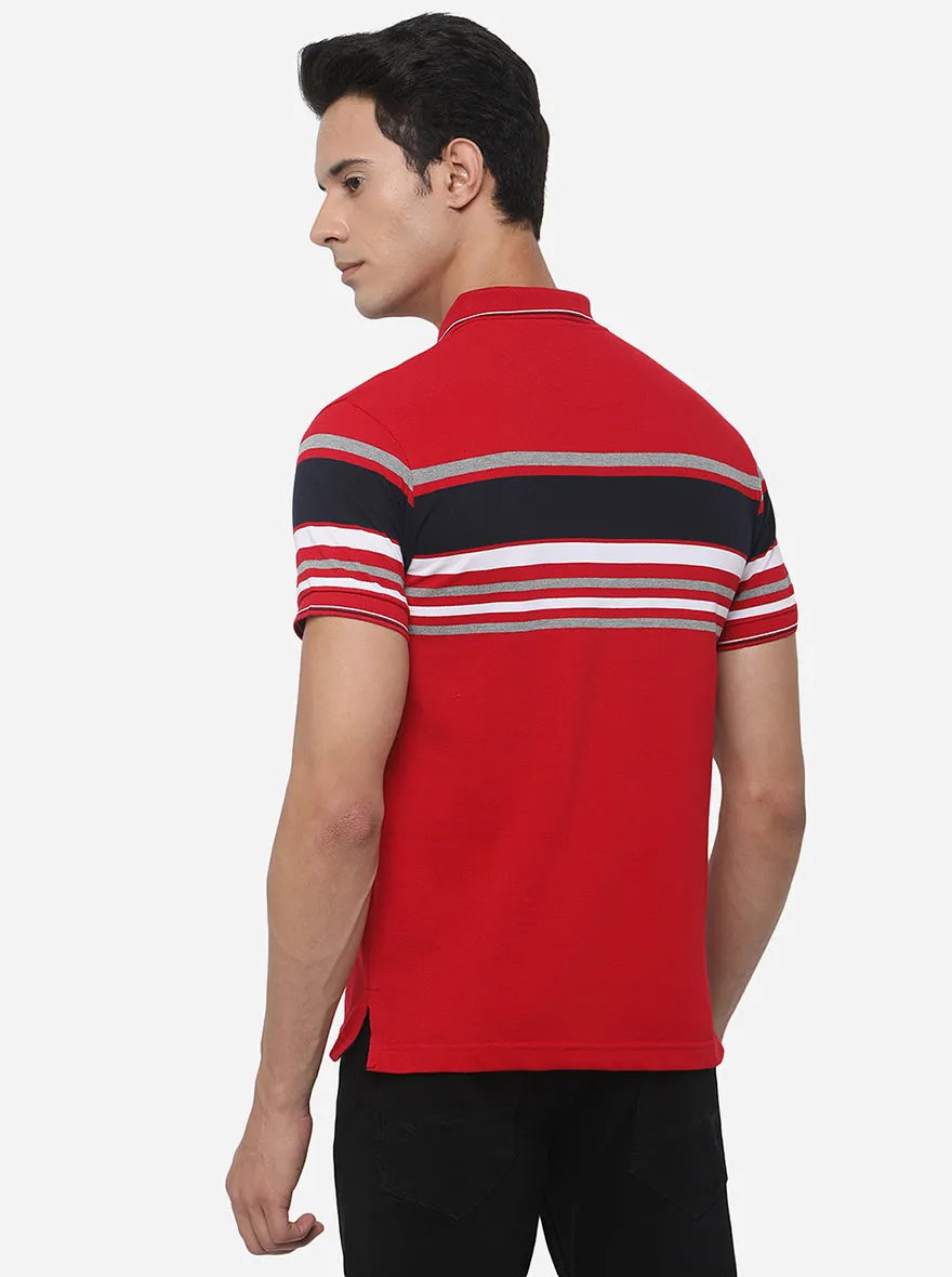 Tomato Red Striped Slim Fit Polo T-Shirt | Greenfibre