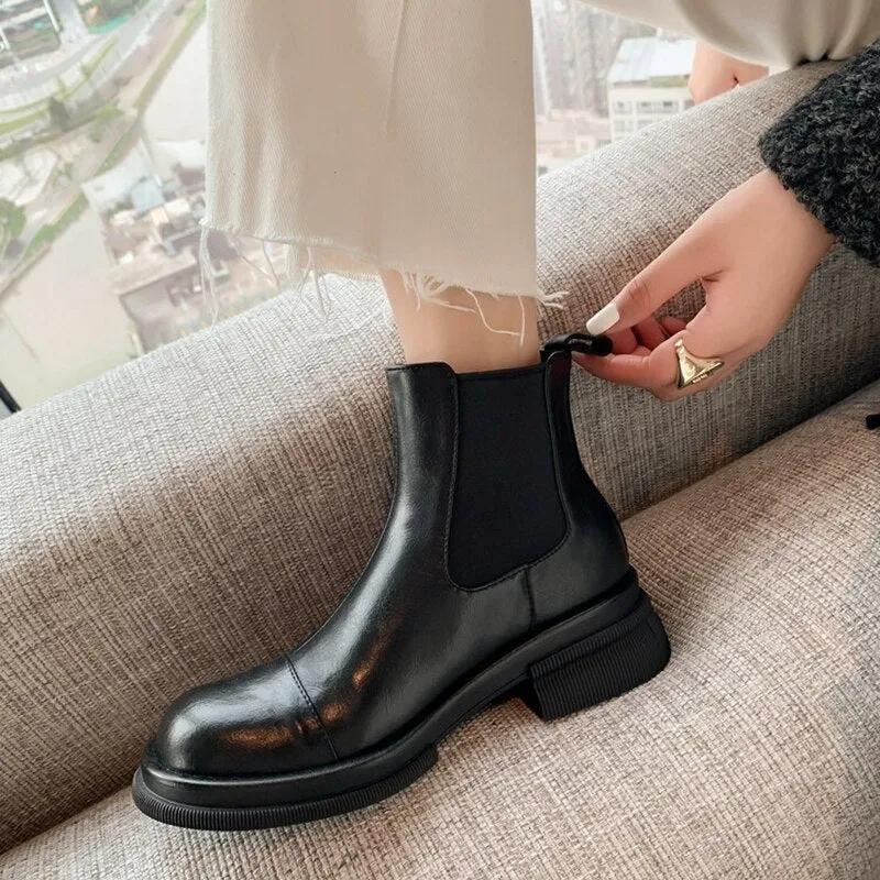 Wenkouban Autumn Boots     NEW Fall/Winter Shoes Women Split Leather Ankle Boots Round Toe Chunky Shoes for Women Solid Chelsea Boots Leisure Black Boots