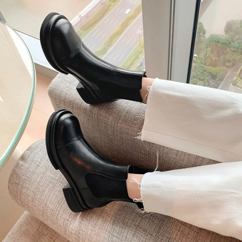 Wenkouban Autumn Boots     NEW Fall/Winter Shoes Women Split Leather Ankle Boots Round Toe Chunky Shoes for Women Solid Chelsea Boots Leisure Black Boots