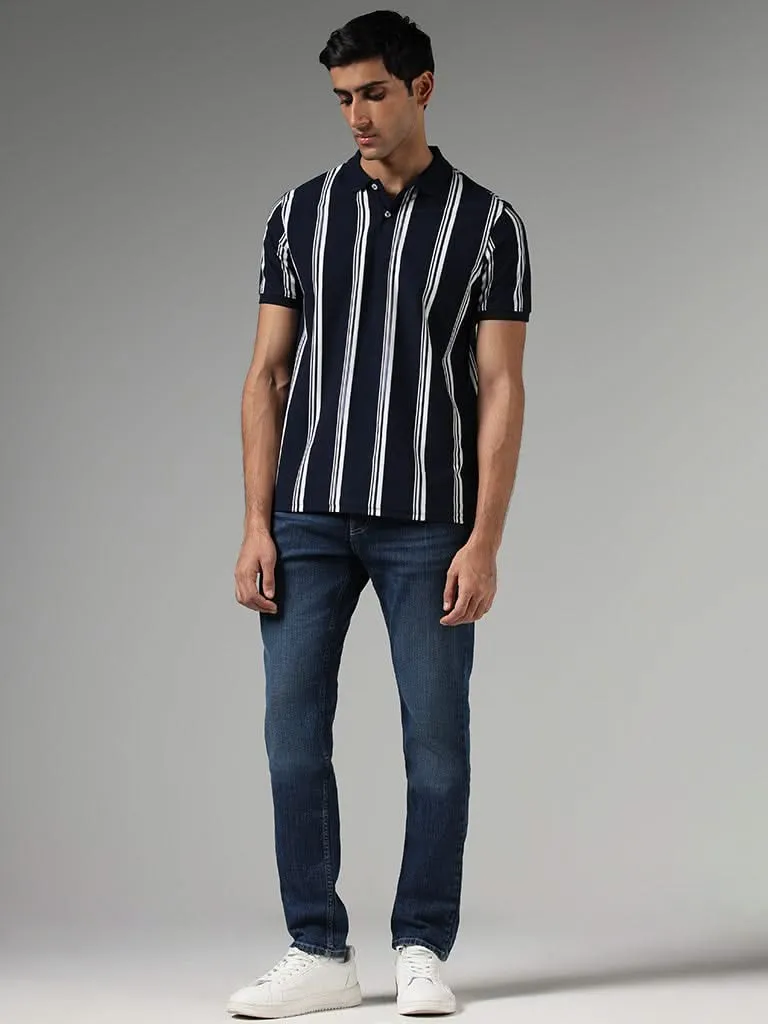 WES Casuals Navy Striped Slim-Fit Polo T-Shirt