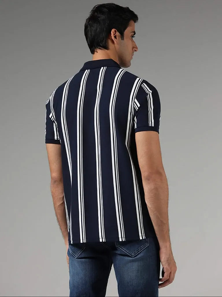 WES Casuals Navy Striped Slim-Fit Polo T-Shirt