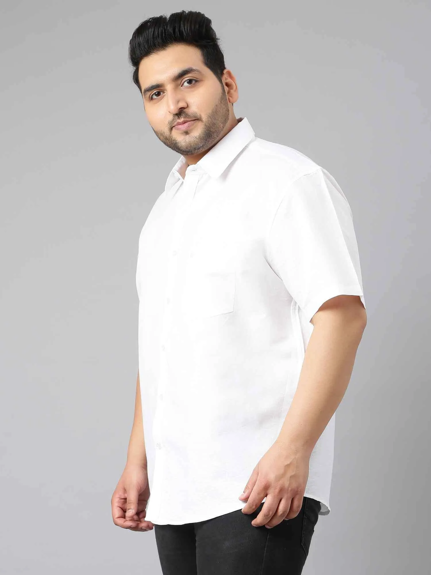 White Linen Half Shirt Men's Plus Size