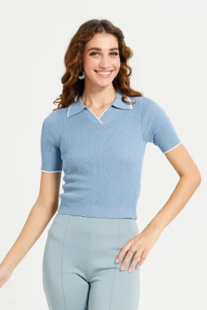 Women Blue Plain Piping Polo T-Shirt