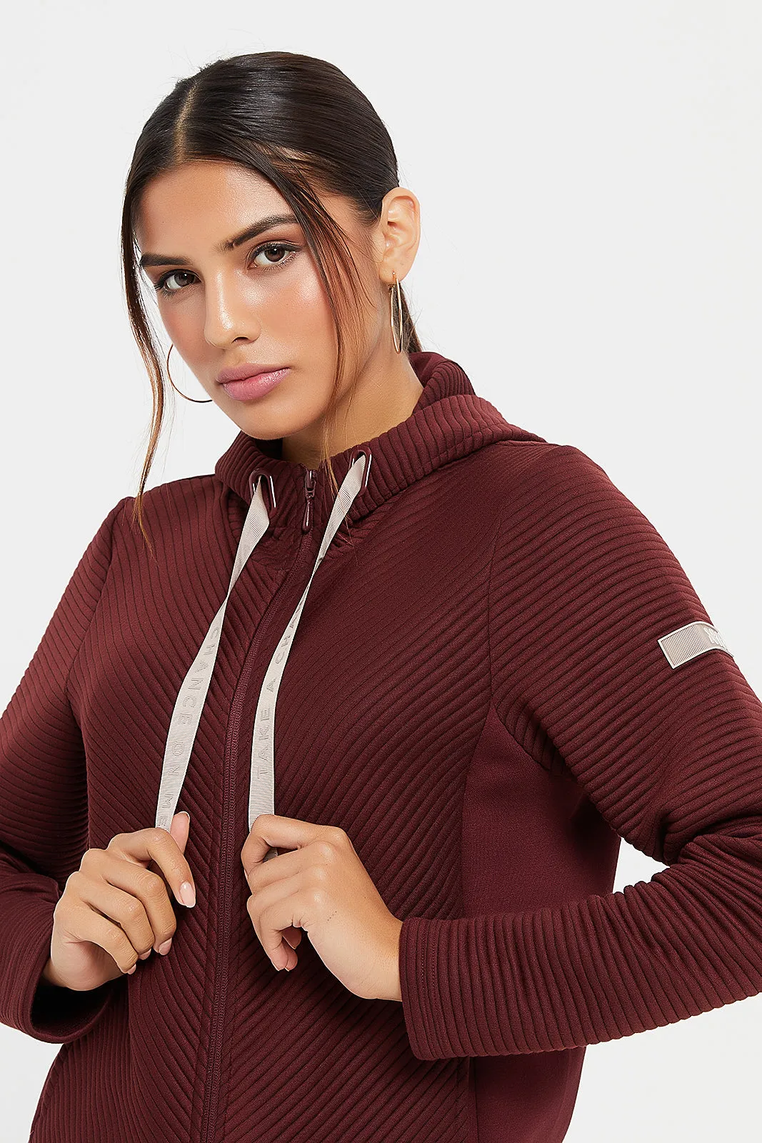 Women Burgundy Hooded Zipper Sweatshirt