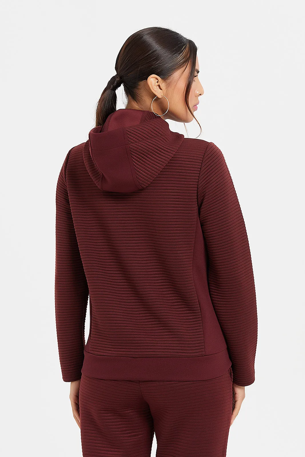 Women Burgundy Hooded Zipper Sweatshirt