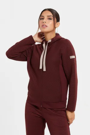 Women Burgundy Hooded Zipper Sweatshirt