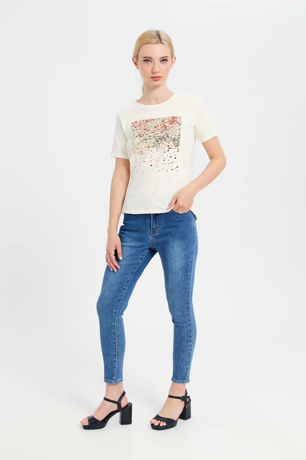 Women Cream Embellished T-Shirt