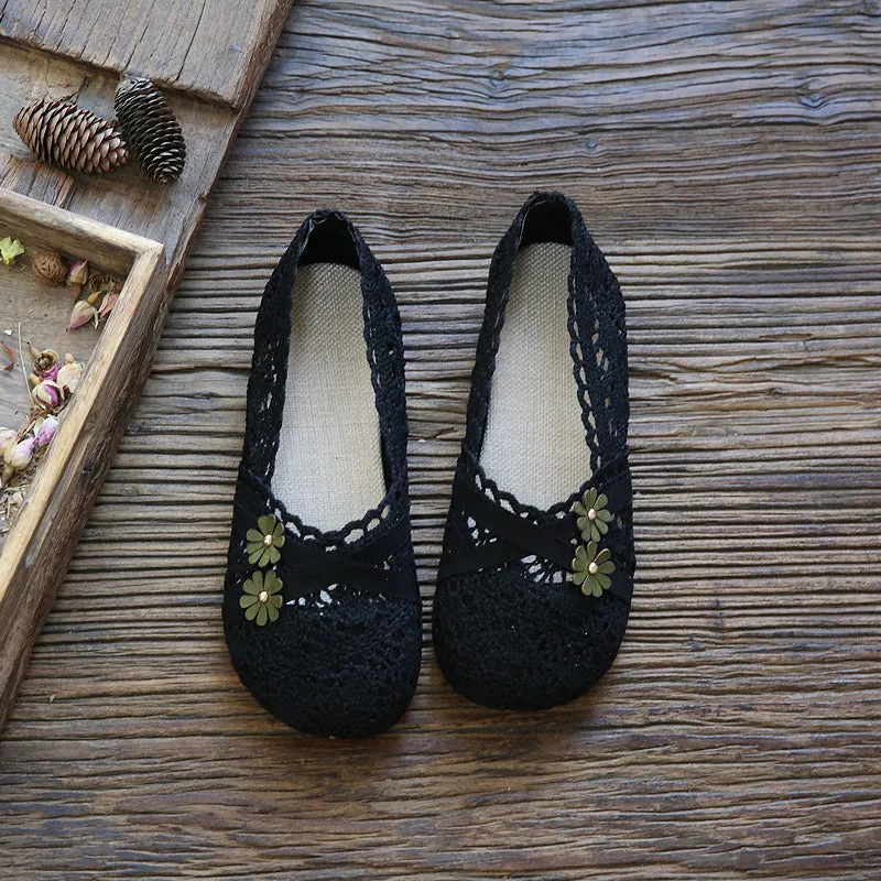 Women Retro Flower Hollow Cotton Linen Flats