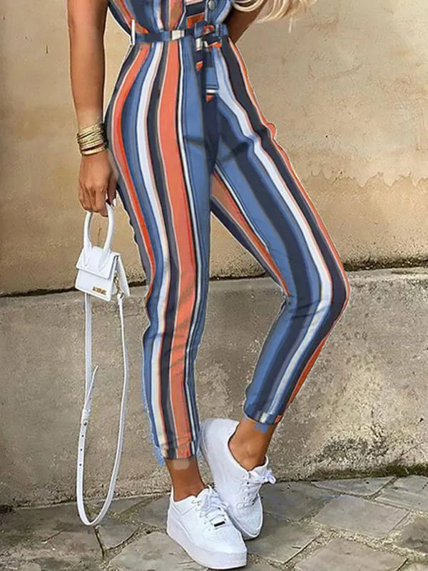 Women's Casual Lapel Buttoned Belt Cargo Jumpsuit