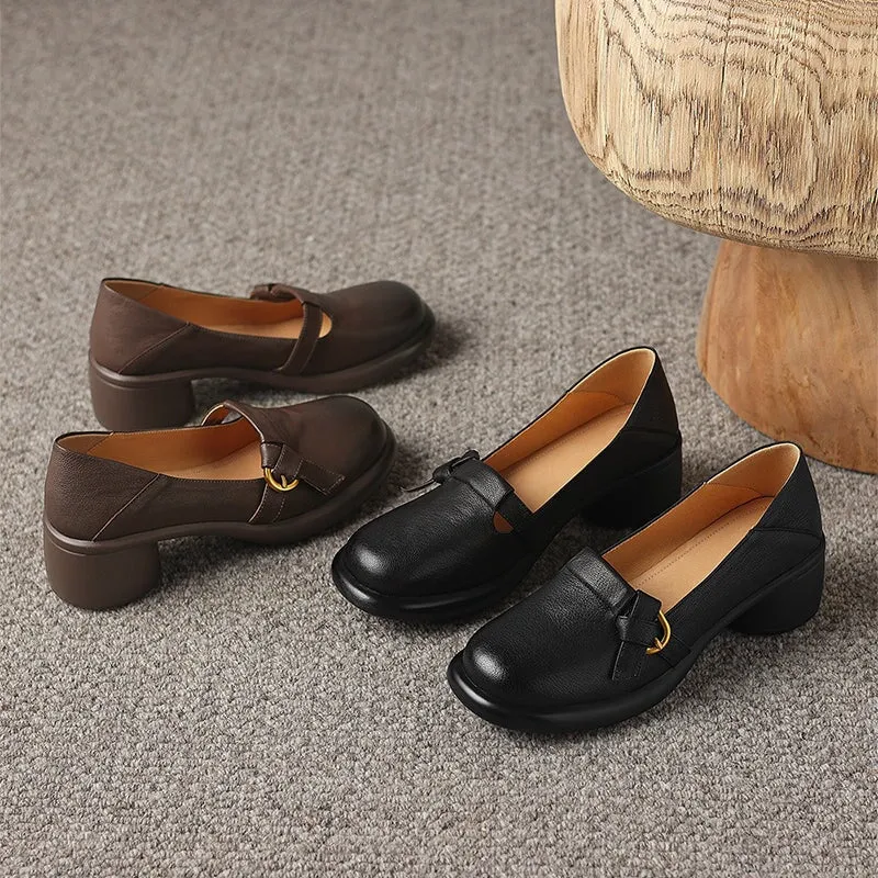 Women's Handmade Retro Round-Toe Block-Heel Pumps in Black/Brown