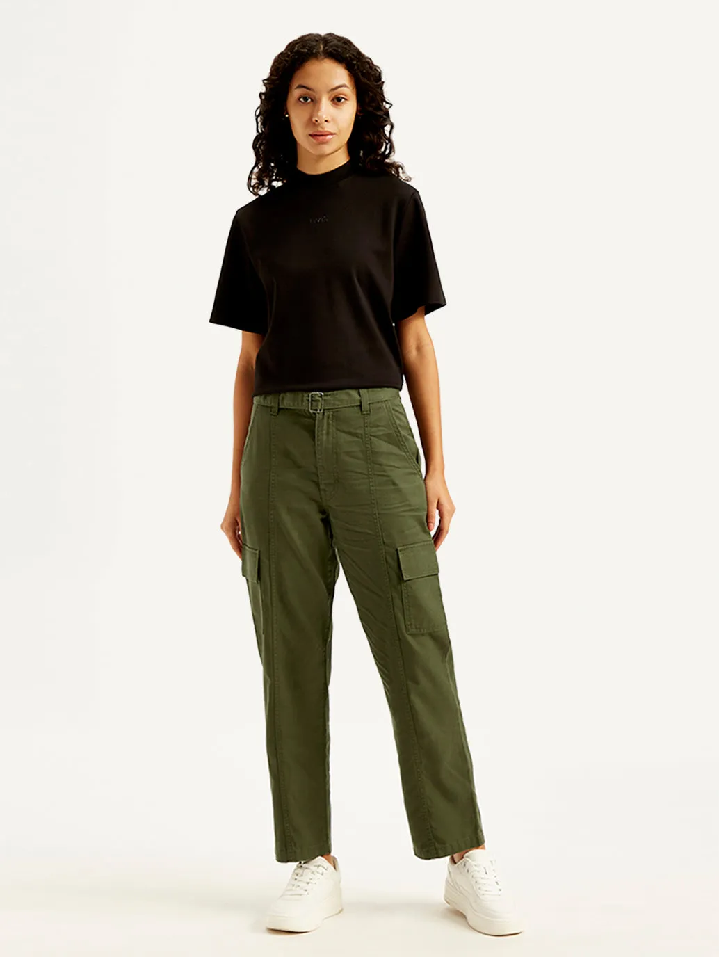 Women's High Rise Olive Baggy Cargo Trousers