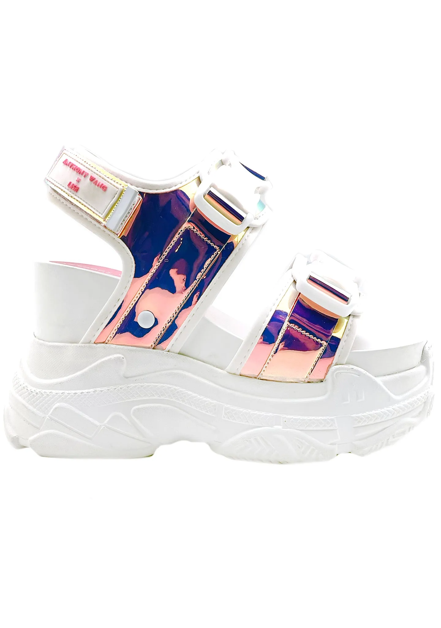 X LASR Exclusive Peach 02 Virtuosity Hologram White Platform Sandals