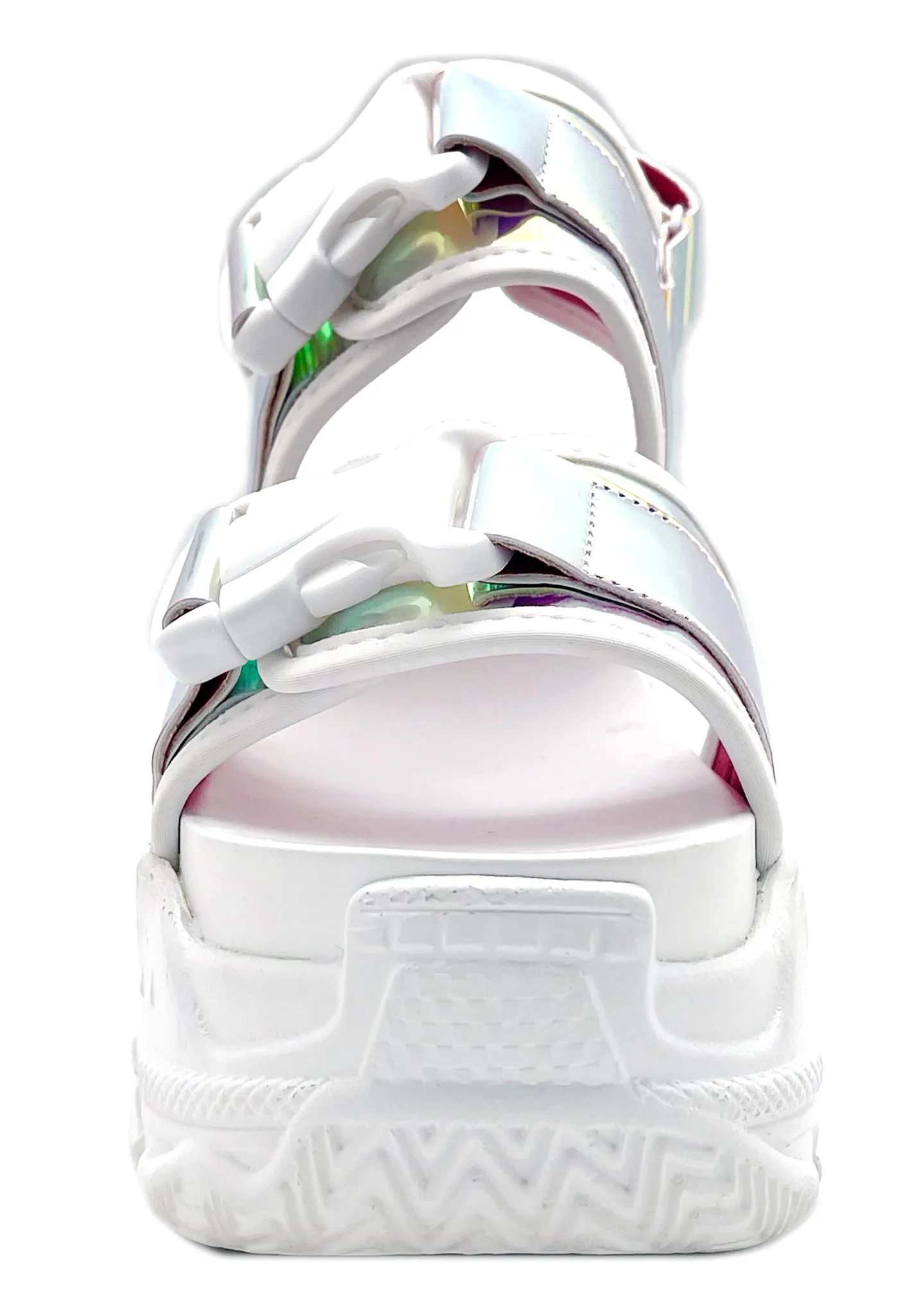 X LASR Exclusive Peach 02 Virtuosity Hologram White Platform Sandals