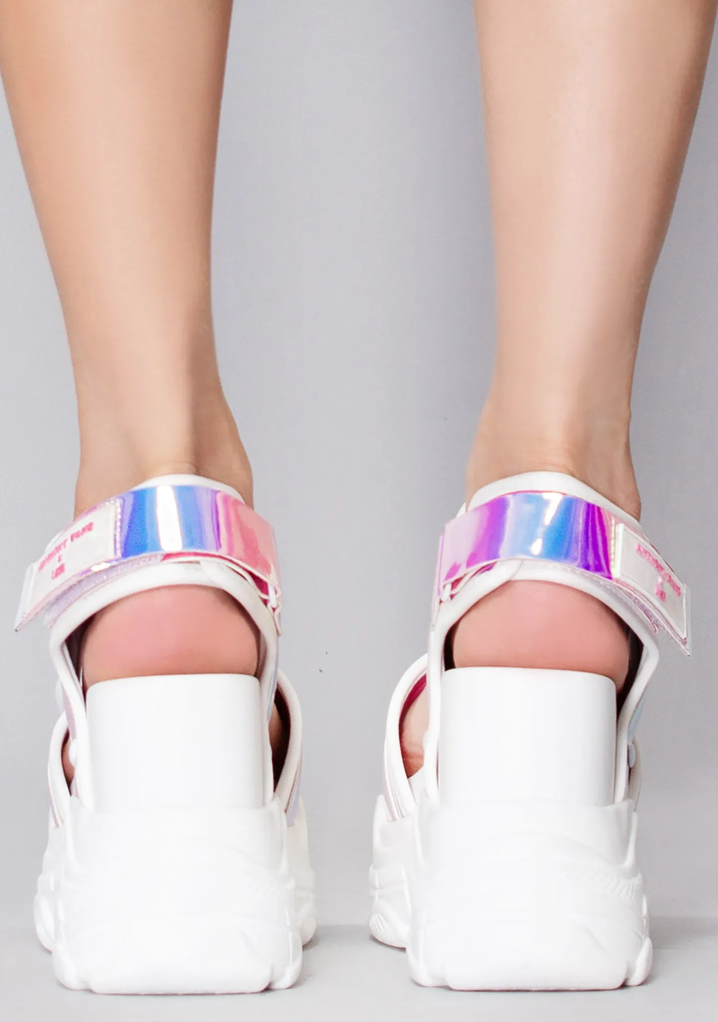 X LASR Exclusive Peach 02 Virtuosity Hologram White Platform Sandals